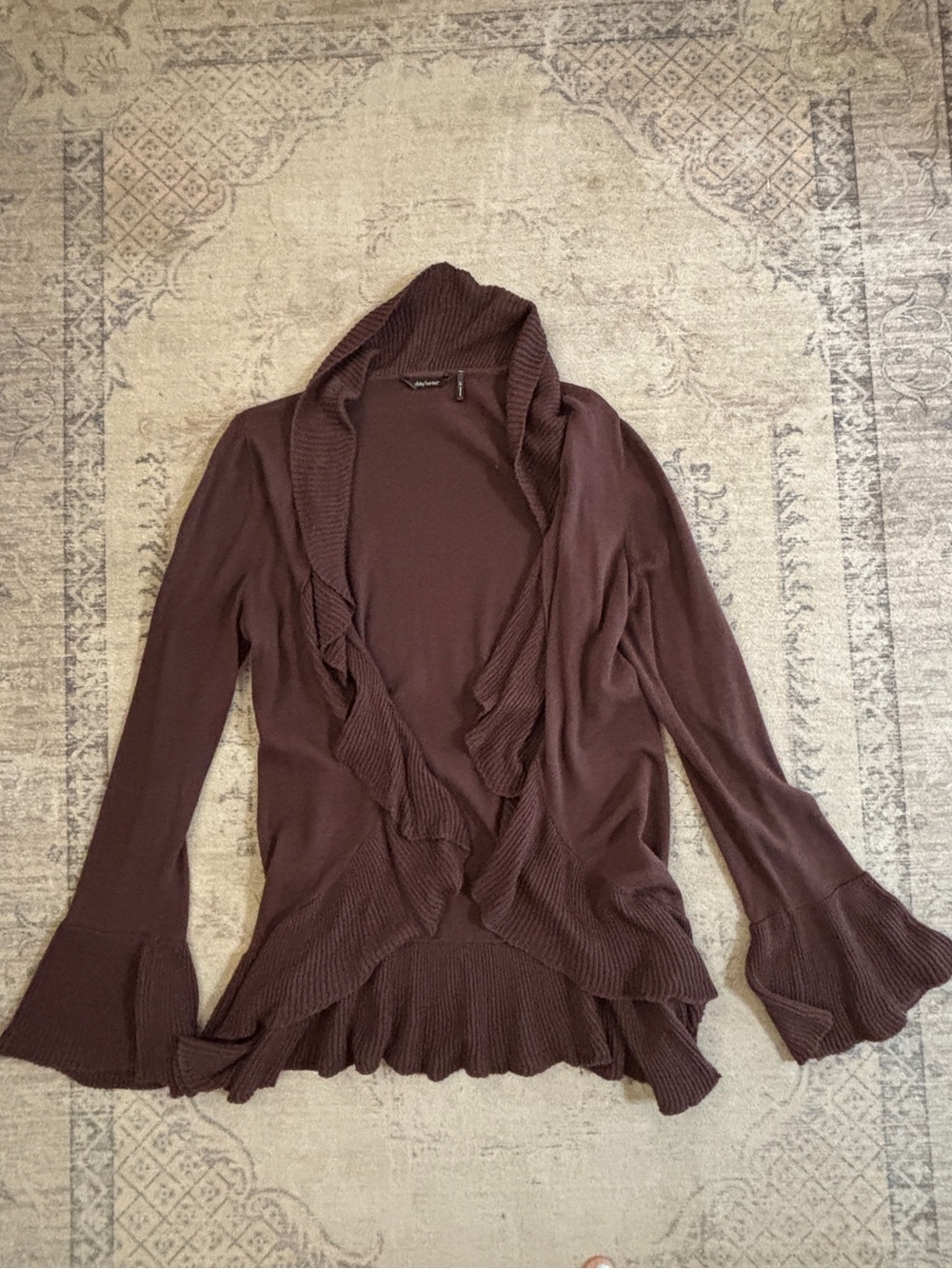 Daisy Fuentes Chocolate Brown Ruffle-Trim Open Cardigan